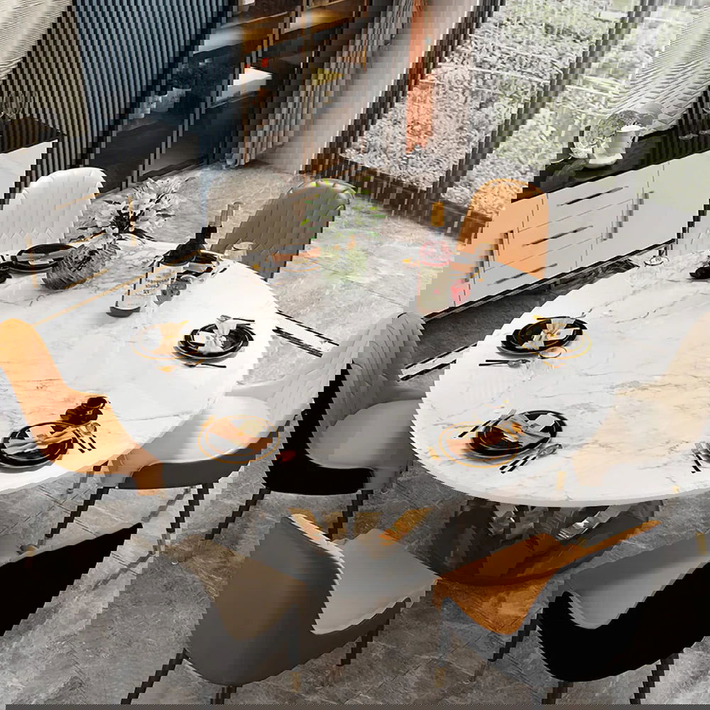 Modern 1350mm Round White Dining Table for 6 Person Faux Marble Top Gold&Black Pedestal - Homary