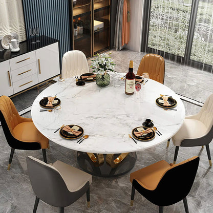 Modern 1350mm Round White Dining Table for 6 Person Faux Marble Top Gold&Black Pedestal - Homary