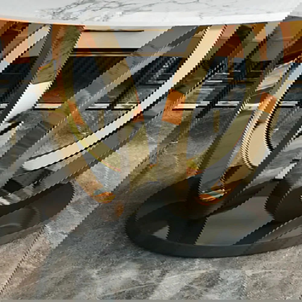 Modern 1350mm Round White Dining Table for 6 Person Faux Marble Top Gold&Black Pedestal - Homary