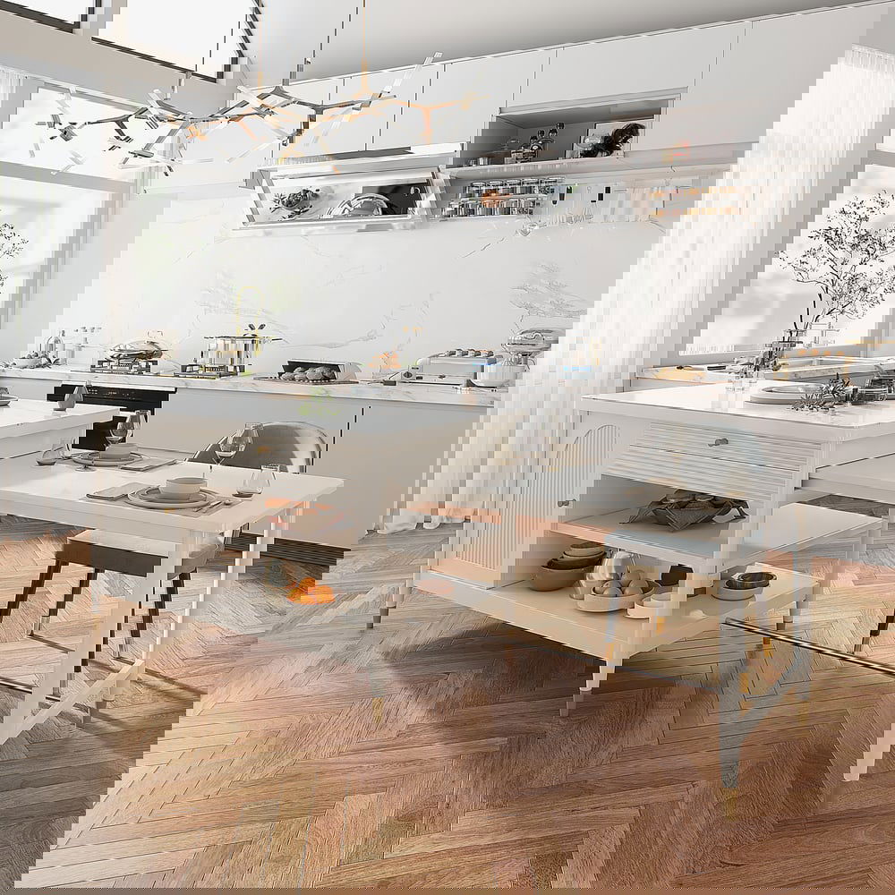 Modern 1525mm Extendable White Kitchen Island with Storage Faux Marble Kitchen Cabinet - Homary