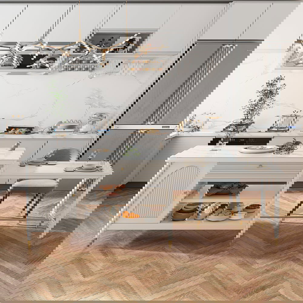 Modern 1525mm Extendable White Kitchen Island with Storage Faux Marble Kitchen Cabinet - Homary