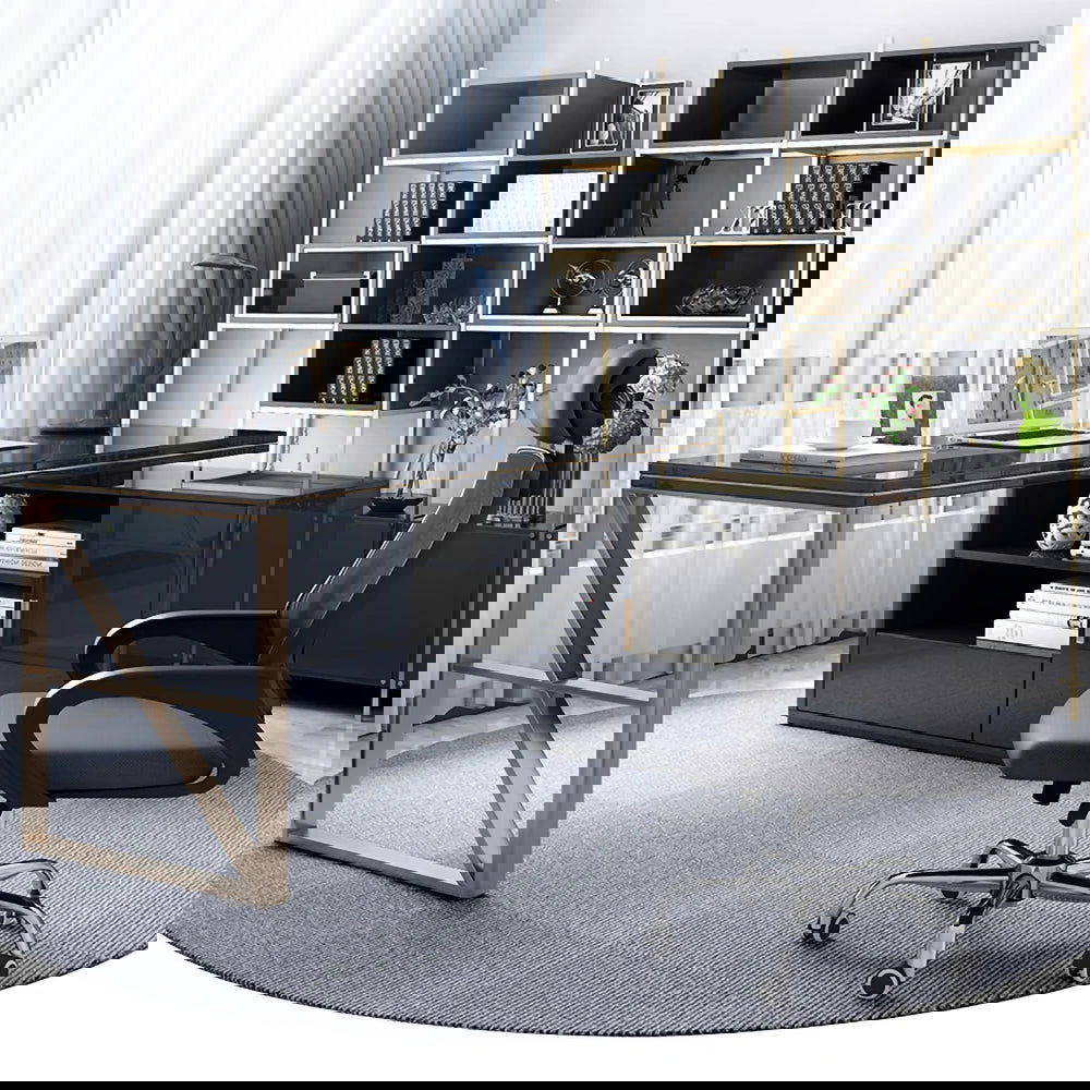 Modern 1600mm Black L-Shaped Desk Corner Computer Desk with Cabinet & Rich Storage - 