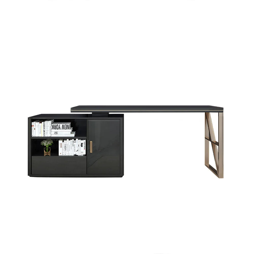 Modern 1600mm Black L-Shaped Desk Corner Computer Desk with Cabinet & Rich Storage - 