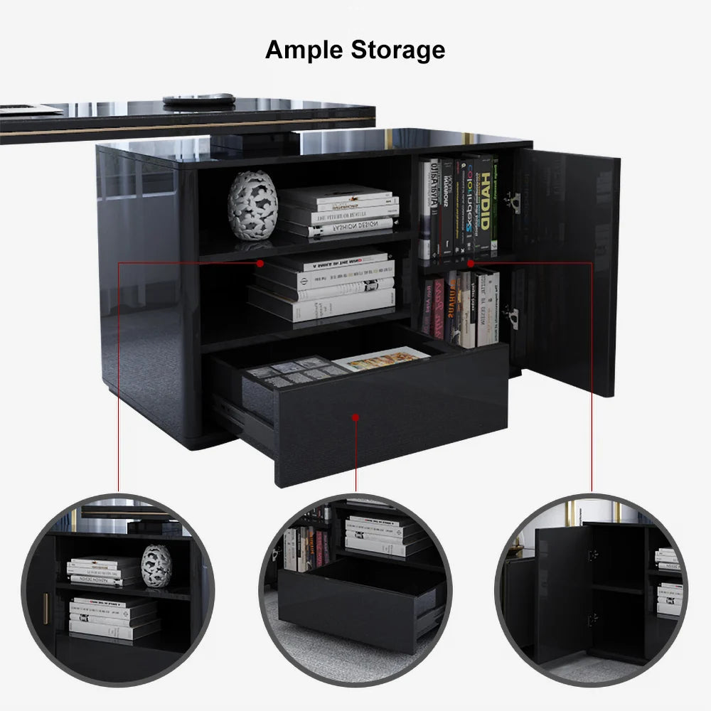 Modern 1600mm Black L-Shaped Desk Corner Computer Desk with Cabinet & Rich Storage - 