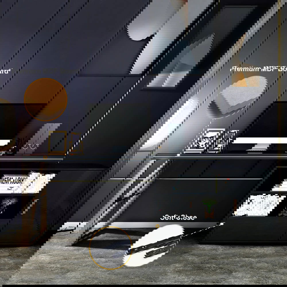 Modern 1600mm Black L-Shaped Desk Corner Computer Desk with Cabinet & Rich Storage - 