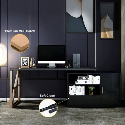 Modern 1600mm Black L-Shaped Desk Corner Computer Desk with Cabinet & Rich Storage - 