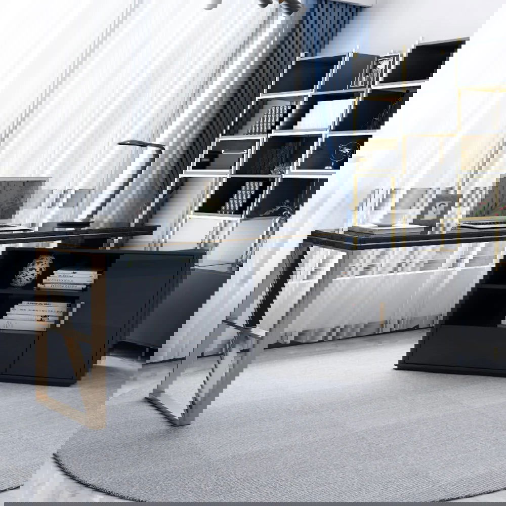 Modern 1600mm Black L-Shaped Desk Corner Computer Desk with Cabinet & Rich Storage - Homary