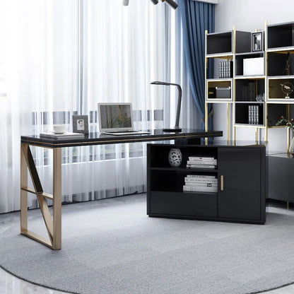 Modern 1600mm Black L-Shaped Desk Corner Computer Desk with Cabinet & Rich Storage - Homary