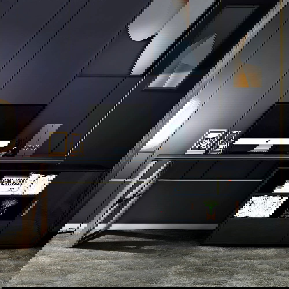 Modern 1600mm Black L-Shaped Desk Corner Computer Desk with Cabinet & Rich Storage - Homary