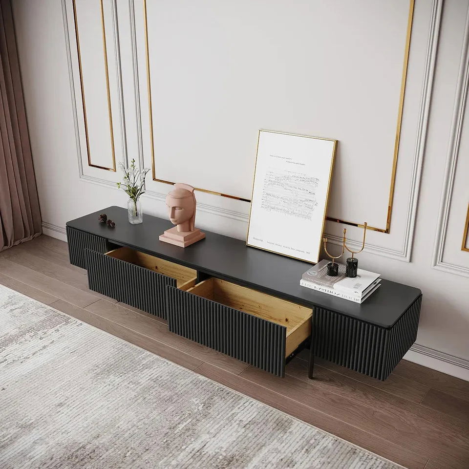 Modern 1800mm TV Stand with Drawers Line Media Console with Black Metal Legs - 