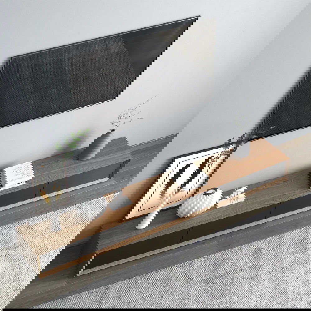 Modern 2200mm Walnut & Black TV Stand Rectangle Media Console with 4 Drawers - 