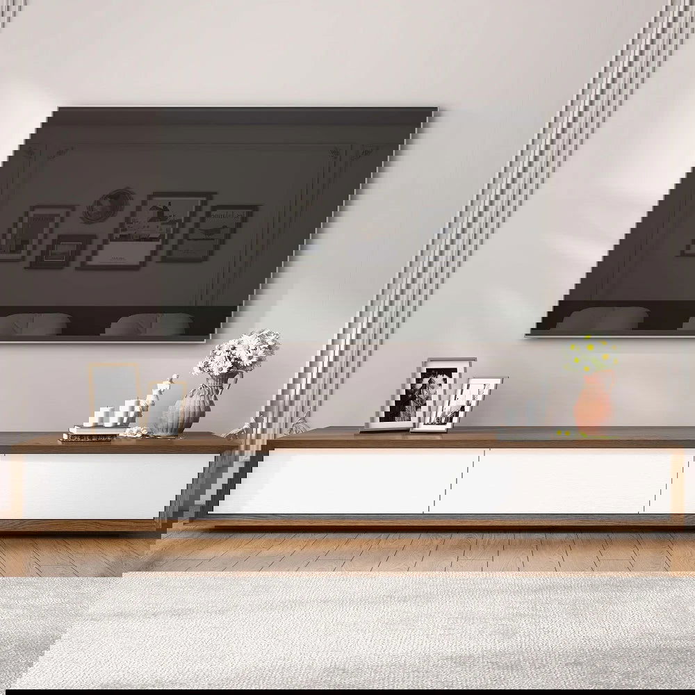 Modern 2200mm Walnut & Black TV Stand Rectangle Media Console with 4 Drawers - 