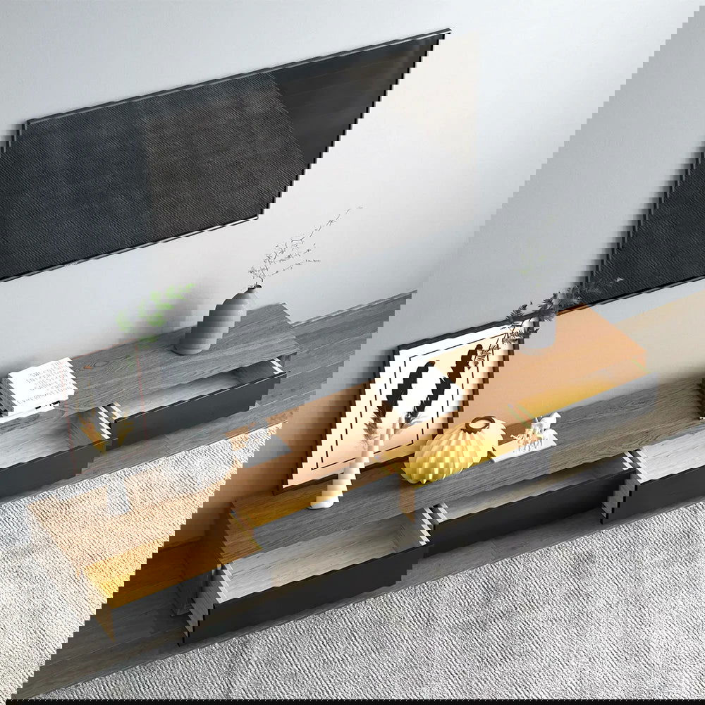 Modern 2200mm Walnut & Black TV Stand Rectangle Media Console with 4 Drawers - Homary