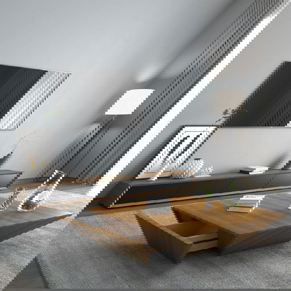 Modern 2200mm Walnut & Black TV Stand Rectangle Media Console with 4 Drawers - Homary