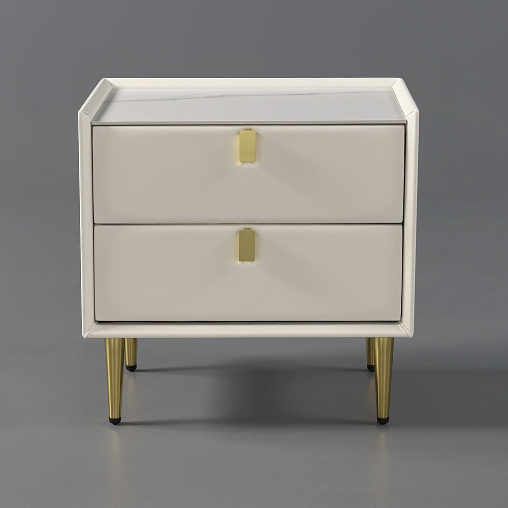 Modern 2 Drawers PU Leather Bedside Table Nightstand with Gold Metal Legs - 
