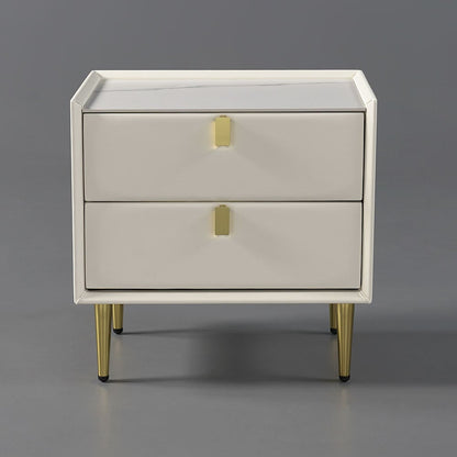 Modern 2 Drawers PU Leather Bedside Table Nightstand with Gold Metal Legs - 