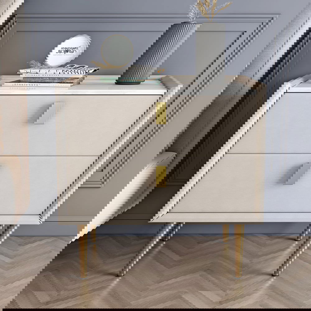 Modern 2 Drawers PU Leather Bedside Table Nightstand with Gold Metal Legs - 