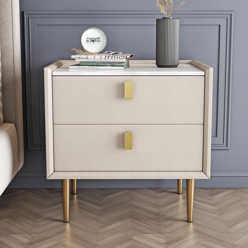 Modern 2 Drawers PU Leather Bedside Table Nightstand with Gold Metal Legs - 