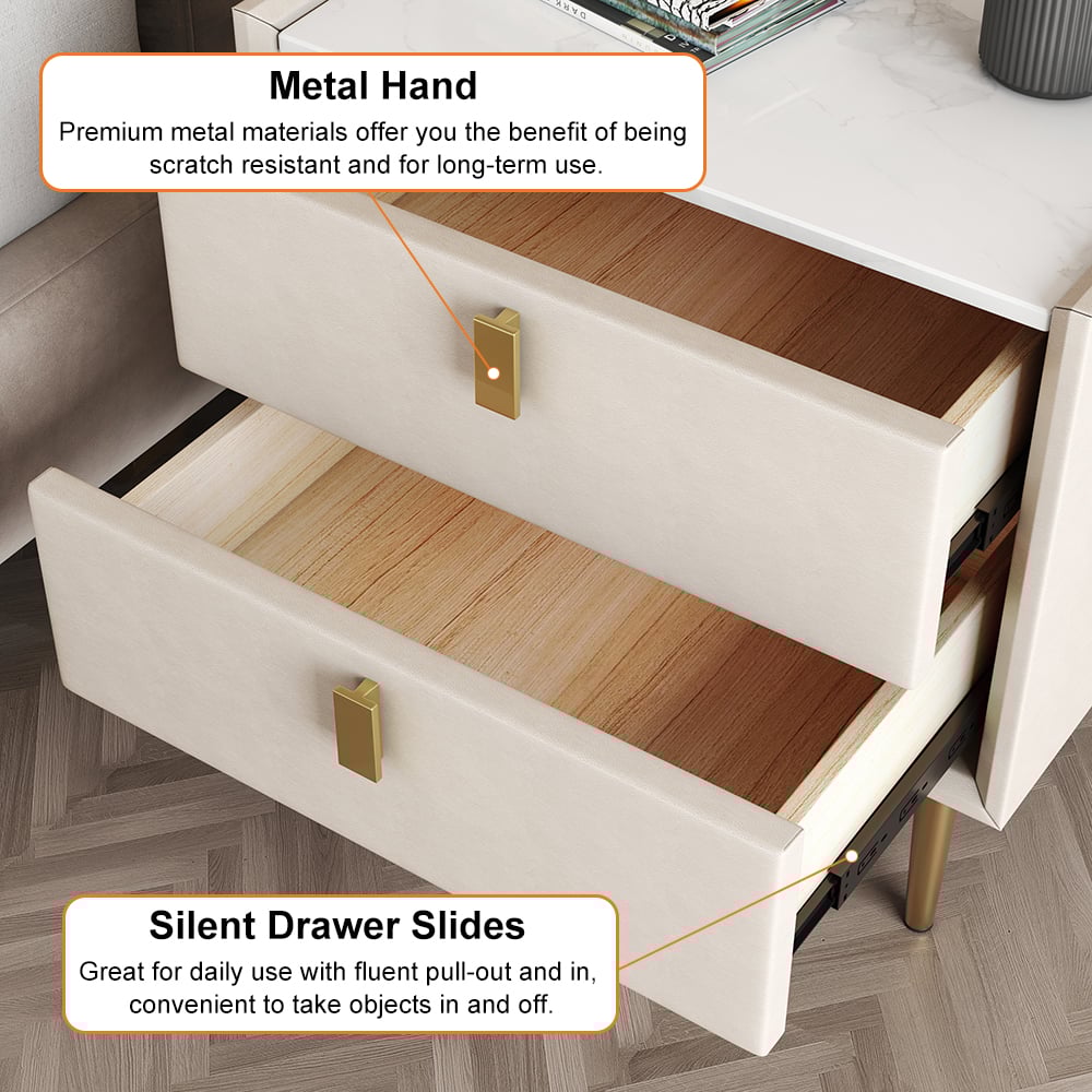 Modern 2 Drawers PU Leather Bedside Table Nightstand with Gold Metal Legs - 