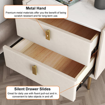 Modern 2 Drawers PU Leather Bedside Table Nightstand with Gold Metal Legs - 