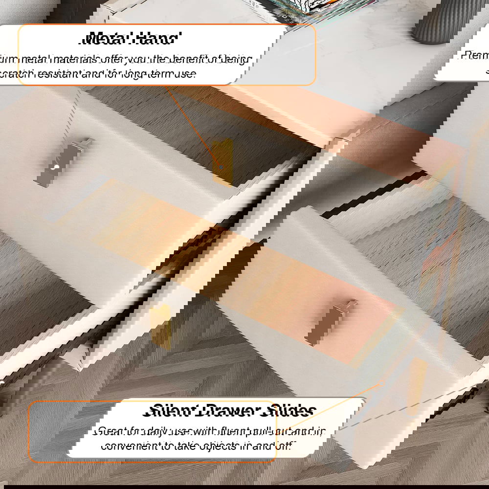 Modern 2 Drawers PU Leather Bedside Table Nightstand with Gold Metal Legs - 