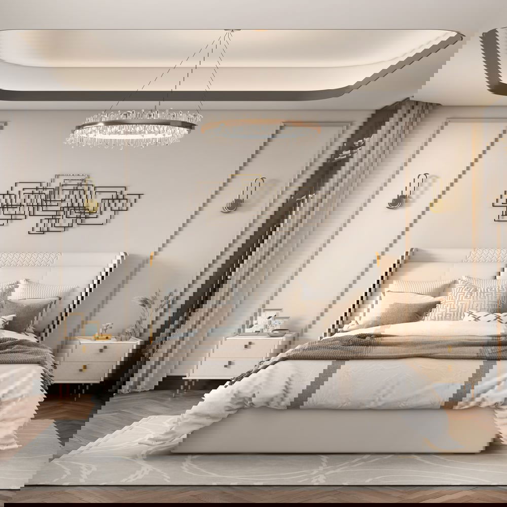 Modern 2 Drawers PU Leather Bedside Table Nightstand with Gold Metal Legs - 