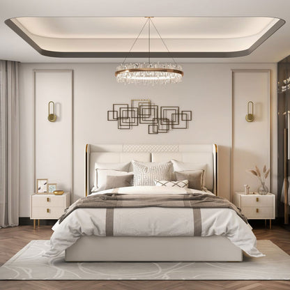 Modern 2 Drawers PU Leather Bedside Table Nightstand with Gold Metal Legs - 