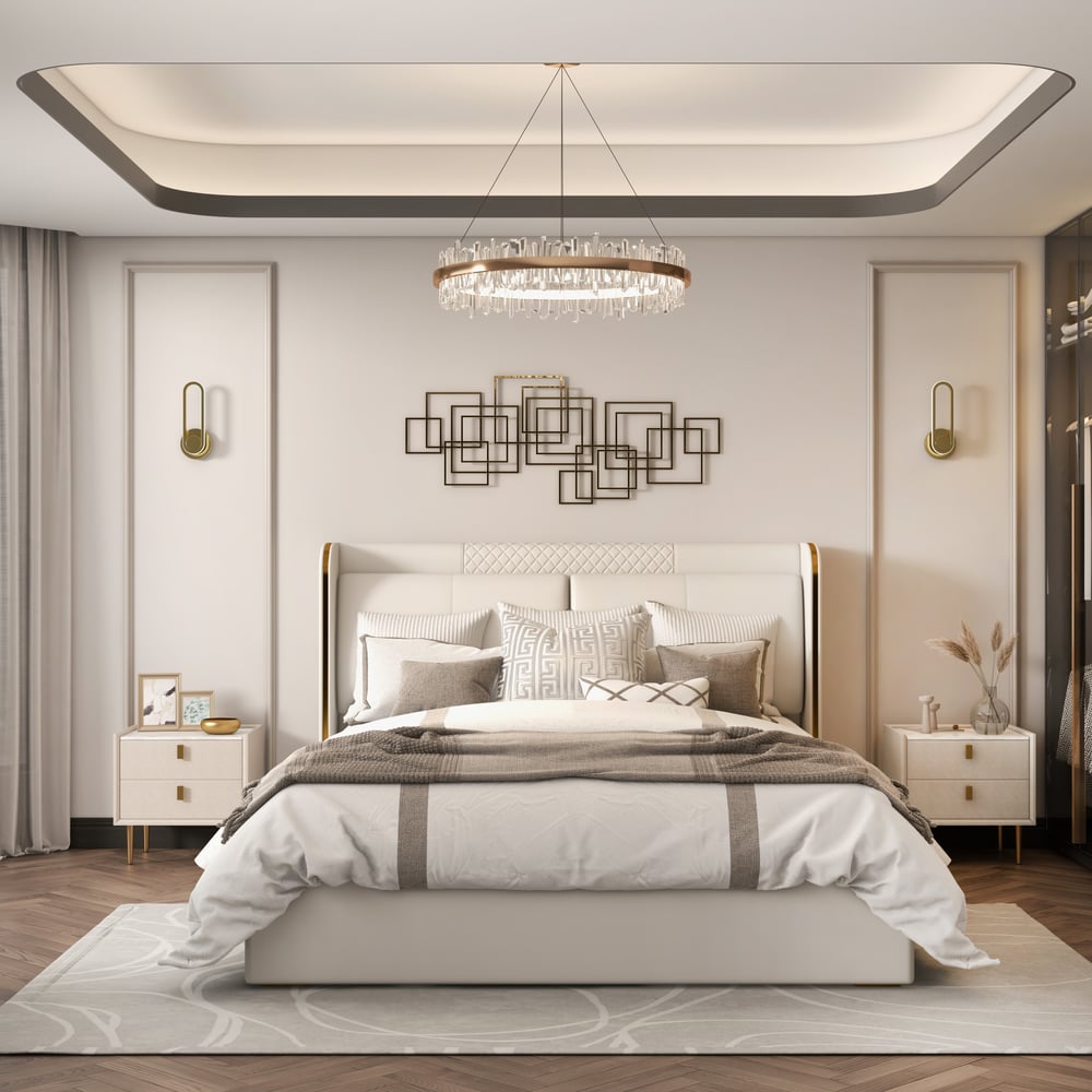 Modern 2 Drawers PU Leather Bedside Table Nightstand with Gold Metal Legs - 