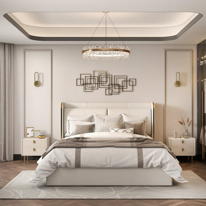 Modern 2 Drawers PU Leather Bedside Table Nightstand with Gold Metal Legs - 