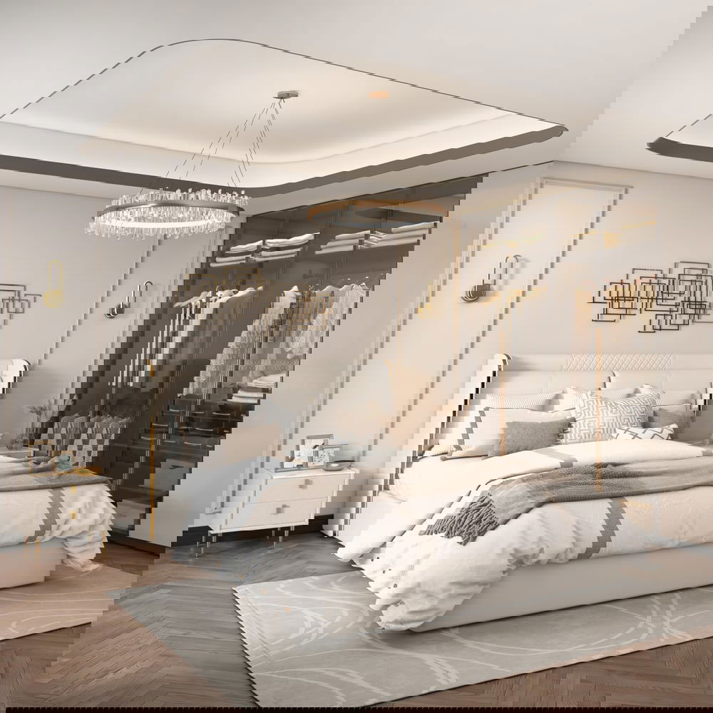 Modern 2 Drawers PU Leather Bedside Table Nightstand with Gold Metal Legs - 