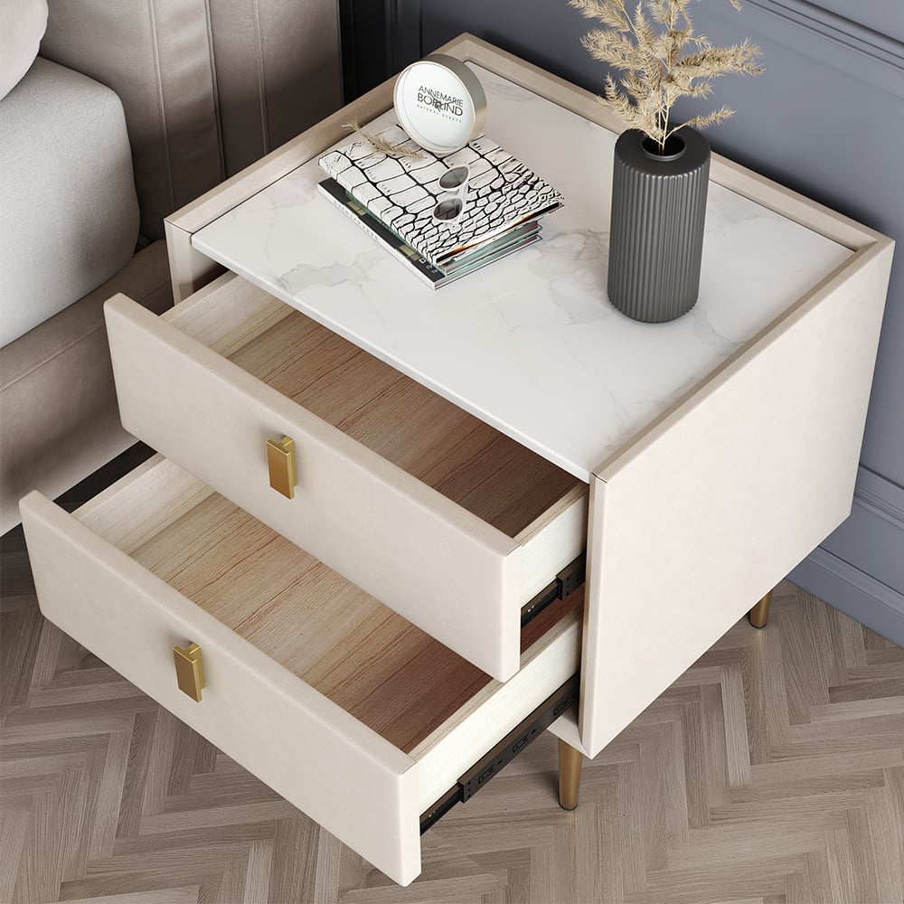 Modern 2 Drawers PU Leather Bedside Table Nightstand with Gold Metal Legs - 