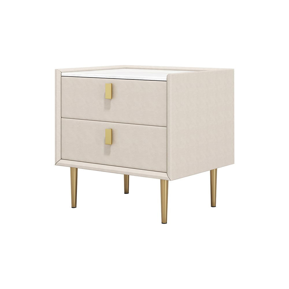 Modern 2 Drawers PU Leather Bedside Table Nightstand with Gold Metal Legs - 