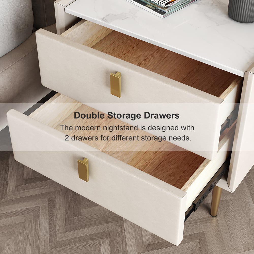 Modern 2 Drawers PU Leather Bedside Table Nightstand with Gold Metal Legs - 