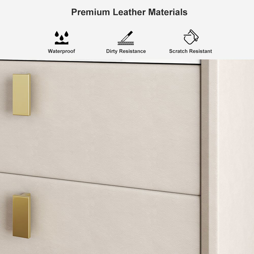 Modern 2 Drawers PU Leather Bedside Table Nightstand with Gold Metal Legs - 