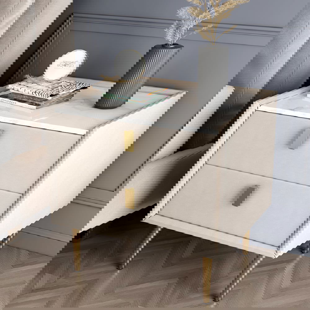 Modern 2 Drawers PU Leather Bedside Table Nightstand with Gold Metal Legs - Homary