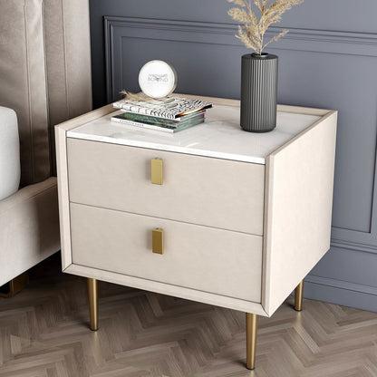 Modern 2 Drawers PU Leather Bedside Table Nightstand with Gold Metal Legs - Homary
