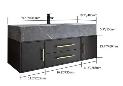 Modern 39" Floating Black Bathroom Vanity Stone Top Wall Mounted Bathroom Cabinet - 