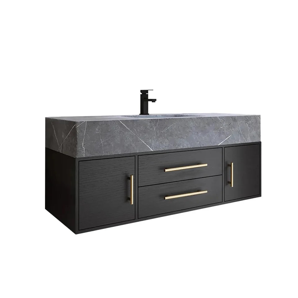 Modern 39" Floating Black Bathroom Vanity Stone Top Wall Mounted Bathroom Cabinet - 