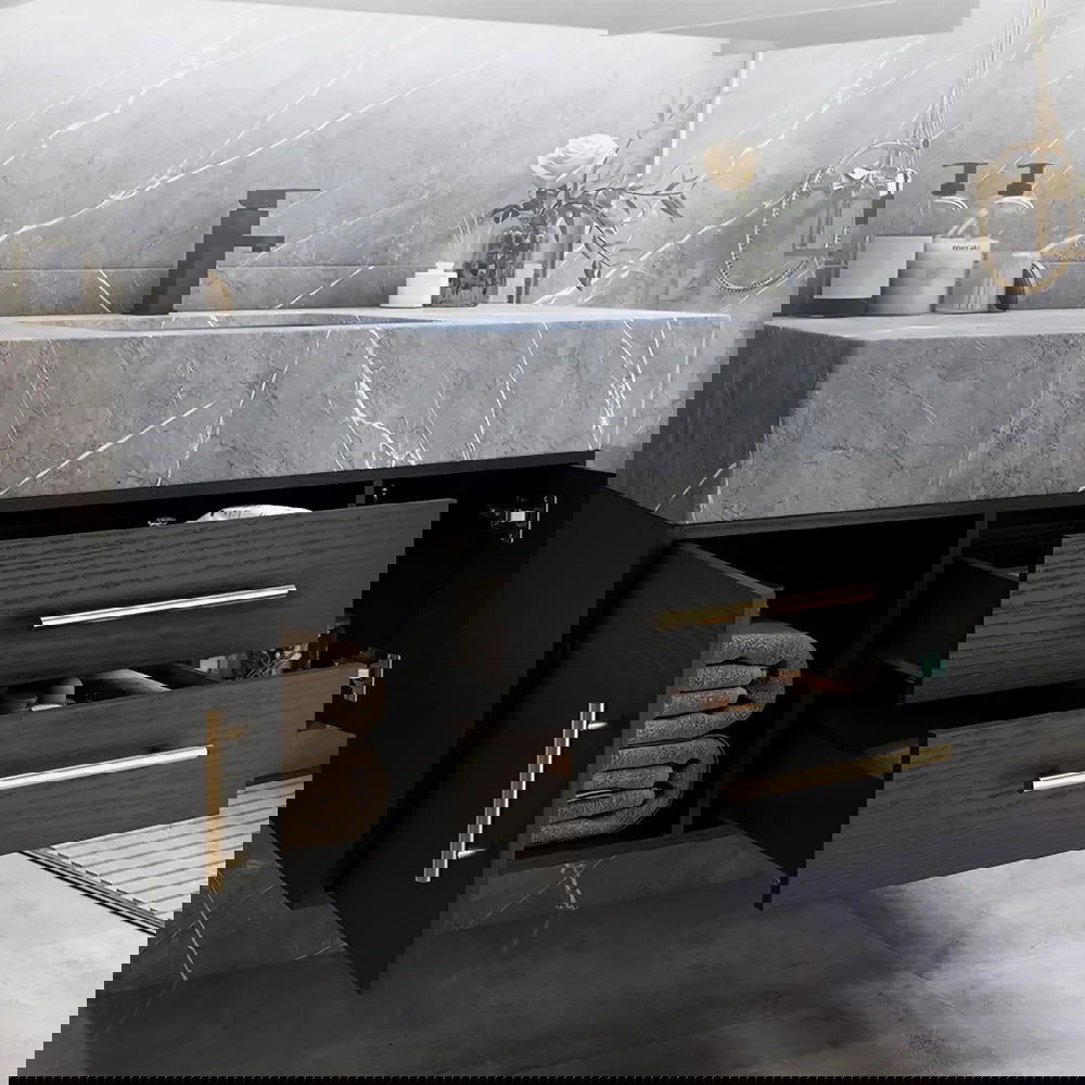 Modern 39" Floating Black Bathroom Vanity Stone Top Wall Mounted Bathroom Cabinet - 