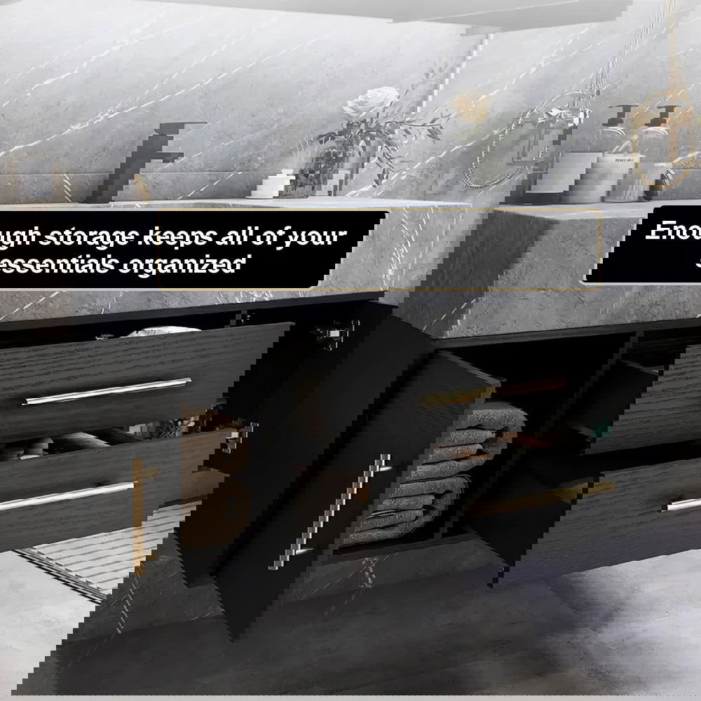 Modern 39" Floating Black Bathroom Vanity Stone Top Wall Mounted Bathroom Cabinet - 