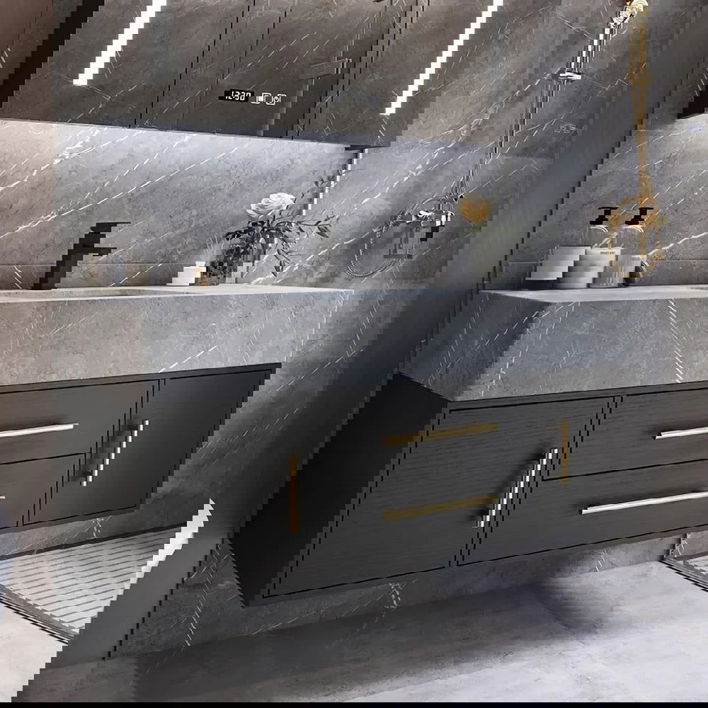 Modern 39" Floating Black Bathroom Vanity Stone Top Wall Mounted Bathroom Cabinet - 