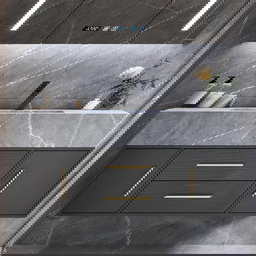 Modern 39" Floating Black Bathroom Vanity Stone Top Wall Mounted Bathroom Cabinet - 