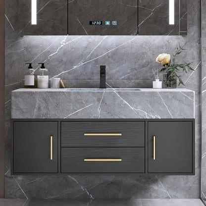 Modern 39" Floating Black Bathroom Vanity Stone Top Wall Mounted Bathroom Cabinet - 