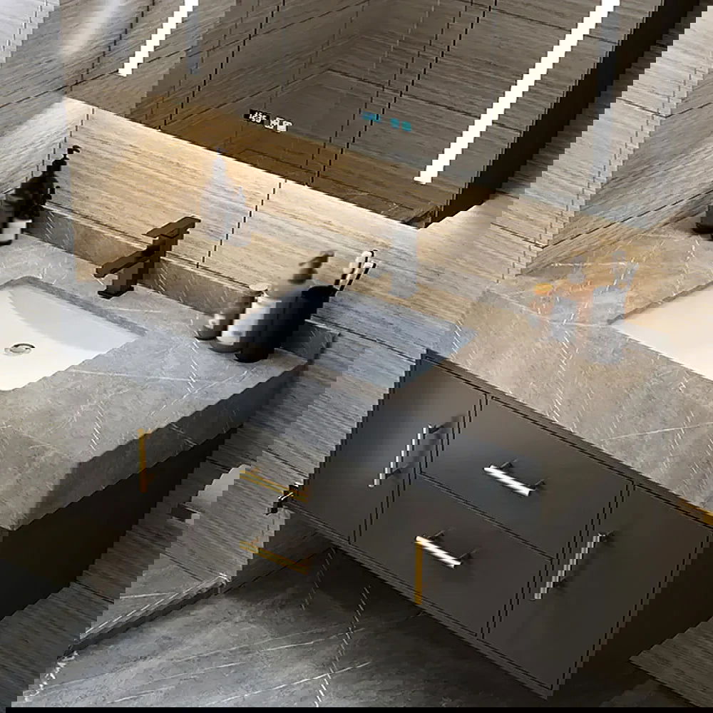 Modern 39" Floating Black Bathroom Vanity Stone Top Wall Mounted Bathroom Cabinet - 