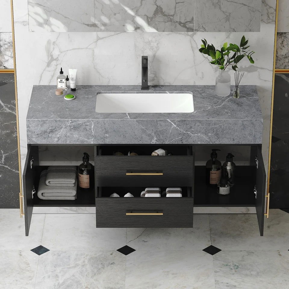 Modern 39" Floating Black Bathroom Vanity Stone Top Wall Mounted Bathroom Cabinet - Homary