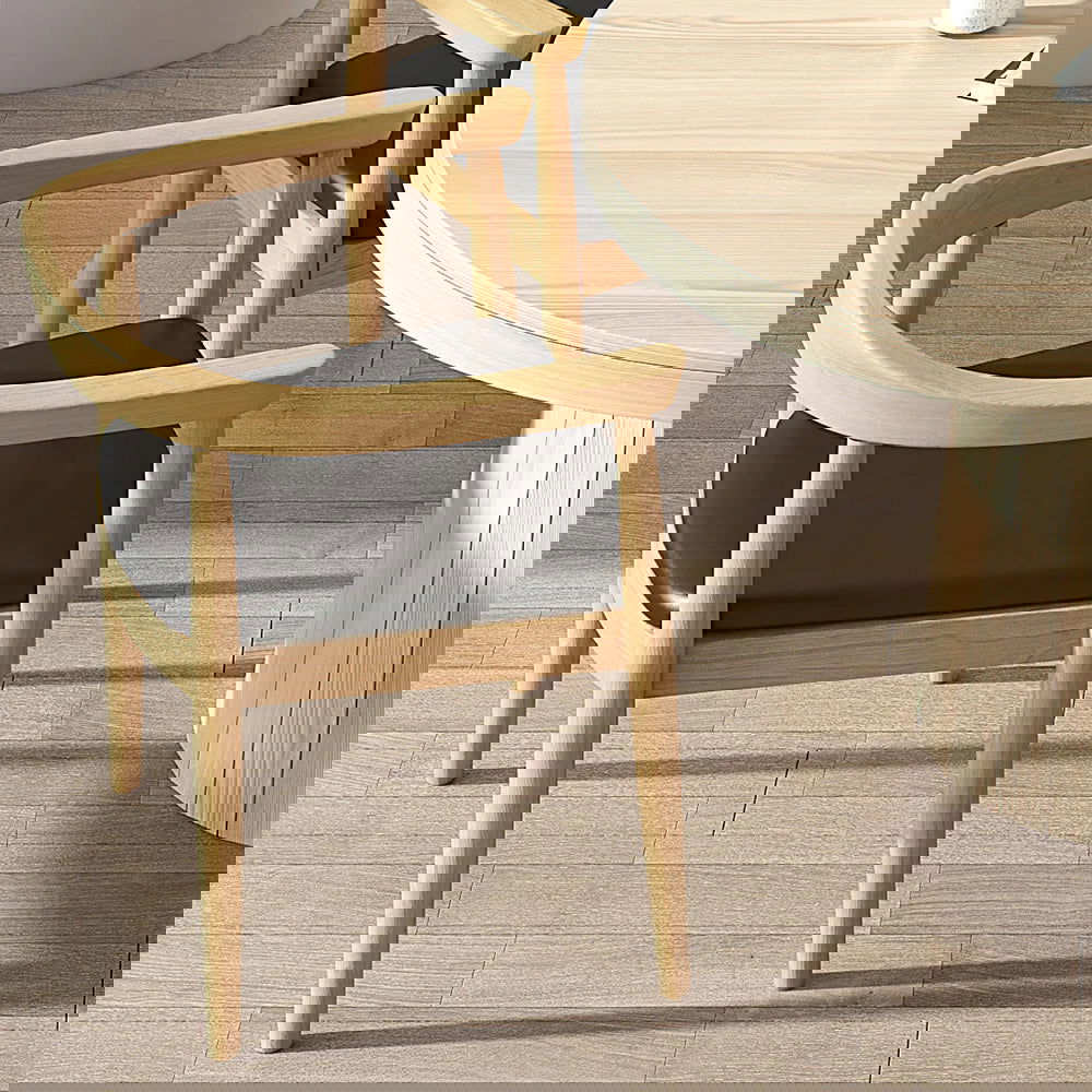 Modern 4-Piece Curved Back Dining Chair Upholstered Leather Natural Wooden Armchair - 