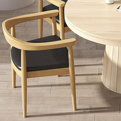 Modern 4-Piece Curved Back Dining Chair Upholstered Leather Natural Wooden Armchair - 