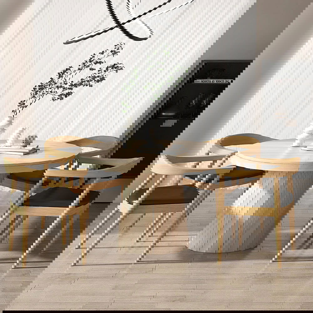 Modern 4-Piece Curved Back Dining Chair Upholstered Leather Natural Wooden Armchair - 