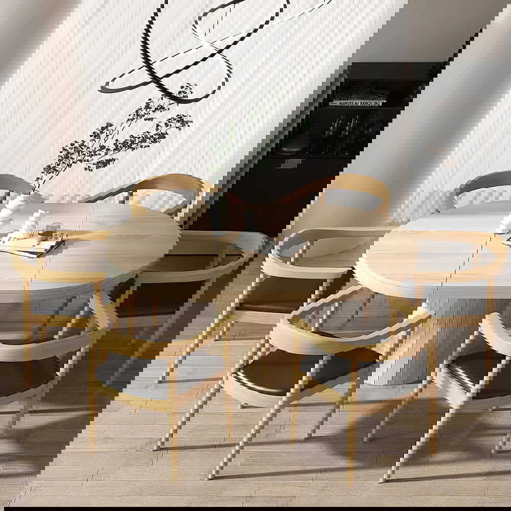 Modern 4-Piece Curved Back Dining Chair Upholstered Leather Natural Wooden Armchair - 