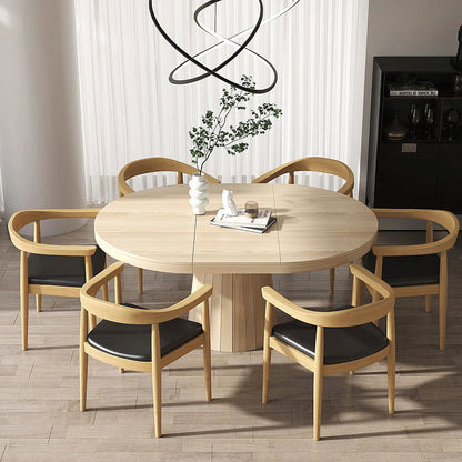 Modern 4-Piece Curved Back Dining Chair Upholstered Leather Natural Wooden Armchair - 